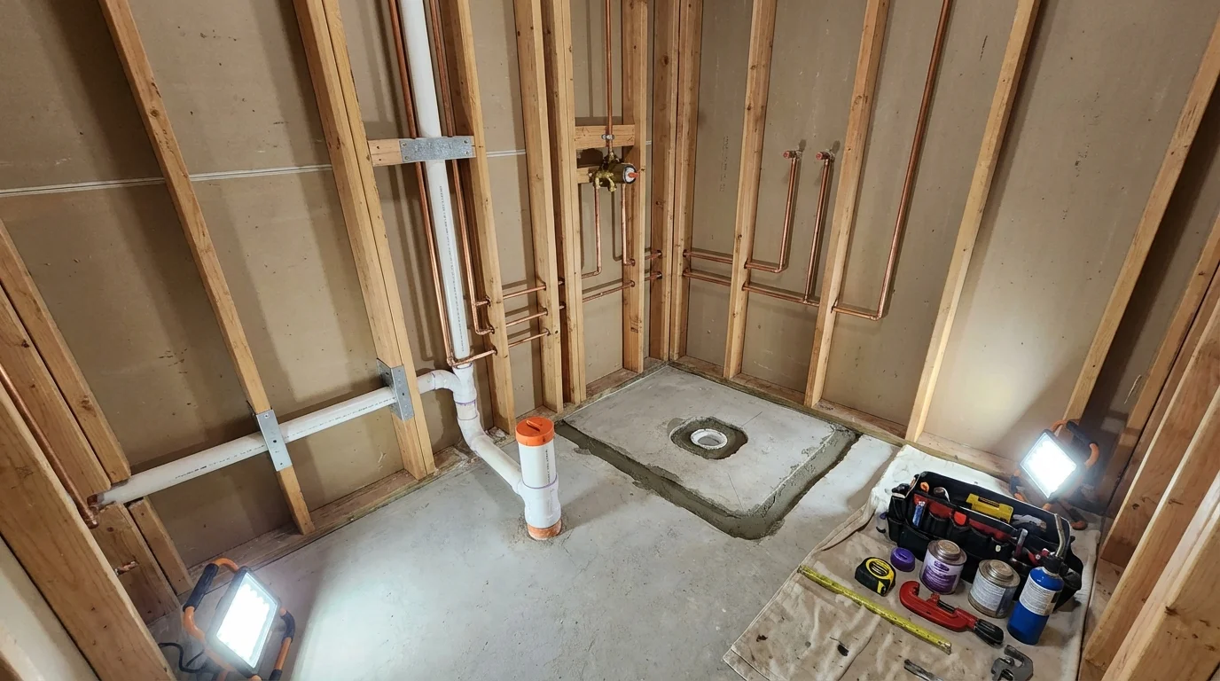 Bathroom rough-in plumbing during remodel by Johns Plumbing LLC in Macungie