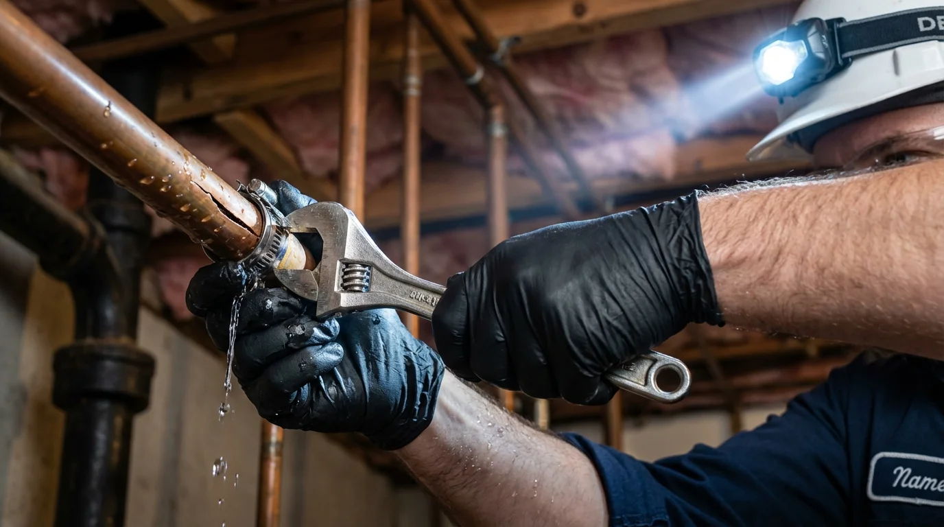 Emergency pipe clamp repair being performed by a Johns Plumbing LLC plumber in Macungie