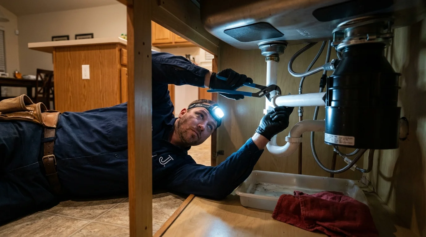 P-trap and supply line connections under a kitchen sink showing a common leak point in Macungie, PA